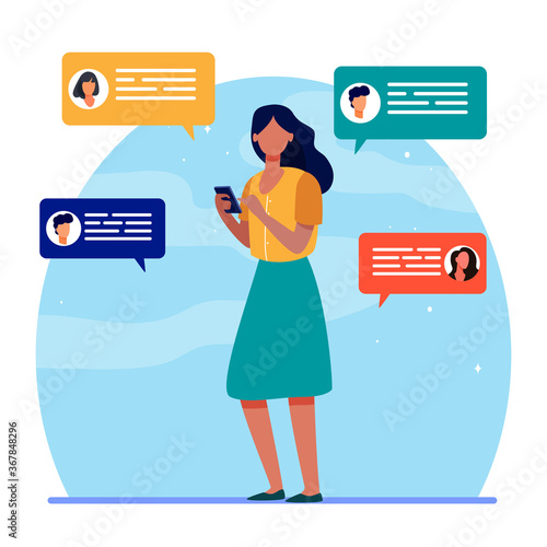 Young woman chatting with friends via smartphone. Mobile phone, device, chat flat vector illustration. Communication and digital technology concept for banner, website design or landing web page