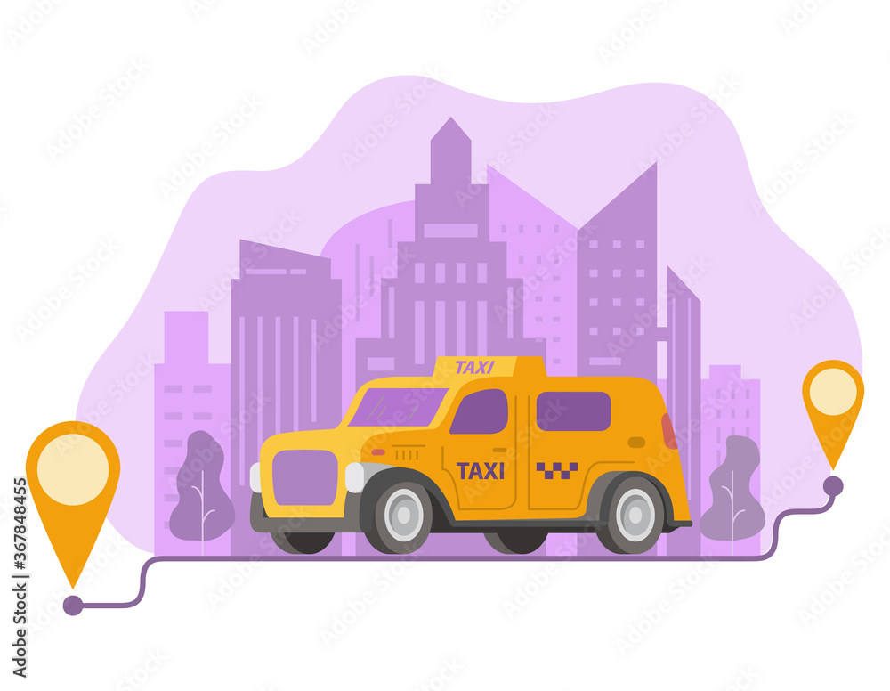 Ordering taxi route and points location on a city.Yellow cab car and urban landscape.City skyline.Illustration vector.
