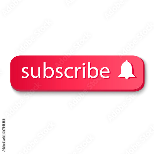 Red button template with text and bell. Subscribe to a channel or social media account. Vector illustration