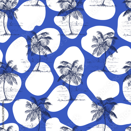Seamless pattern vintage hand drawn illustration with palm tree in engraving style. Sketch of a tree.Contemporary modern trendy . Abstract backgrounds.