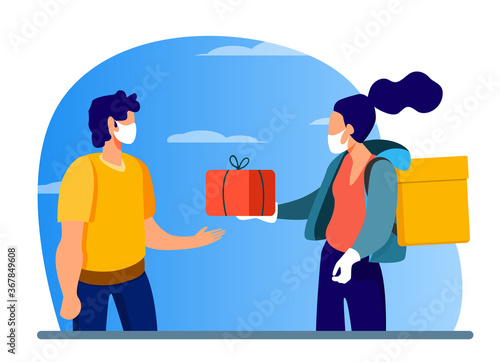 Young courier in mask delivering box to client. Parcel, package, quarantine flat vector illustration. Delivery service and pandemic concept for banner, website design or landing web page