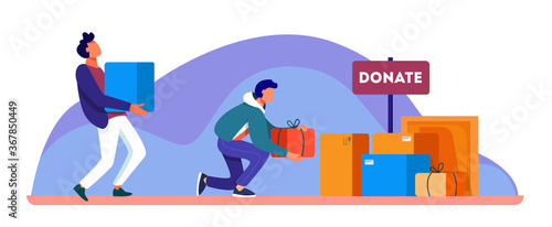 Volunteers donating stuff in boxes for poor people. Service, homeless, kindness flat vector illustration. Charity and care concept for banner, website design or landing web page
