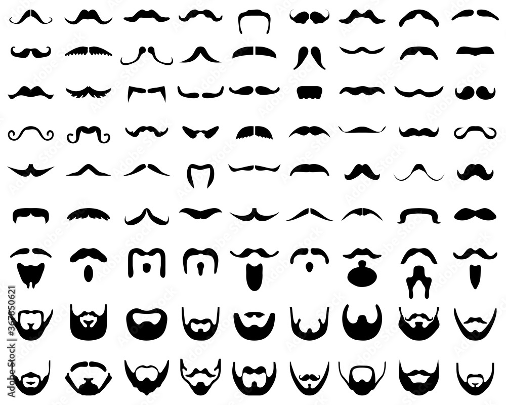 Black silhouettes of beards and mustache on a white backgroun Black silhouettes of beards and mustache on a white backgroun