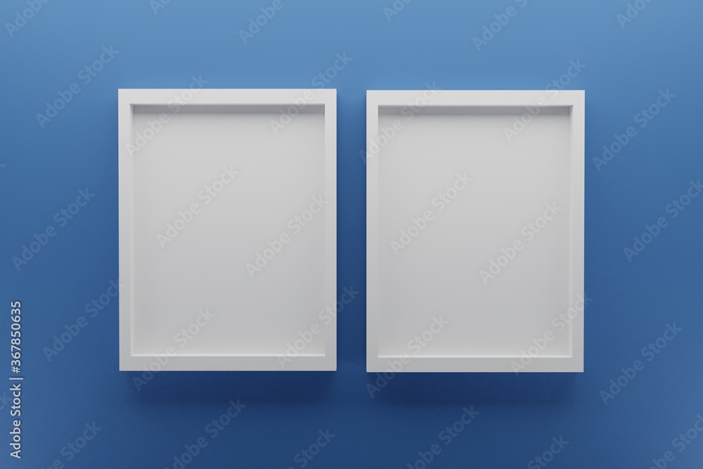 front view of two empty frames on classic blue wall, minimal design concept, 3D render image front view of two empty frames on classic blue wall, minimal design concept, 3D render image