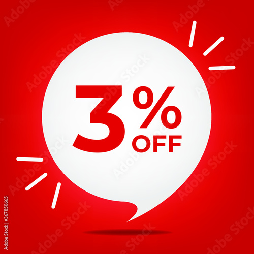 3% off. Banner with three percent discount. White bubble on a red background vector.