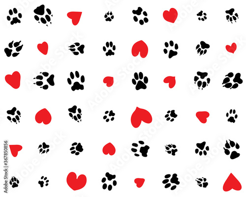 Seamless pattern of print of dogs paws and hearts on a white background