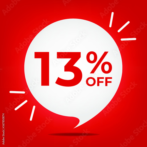 13% off. Banner with thirteen percent discount. White bubble on a red background vector.