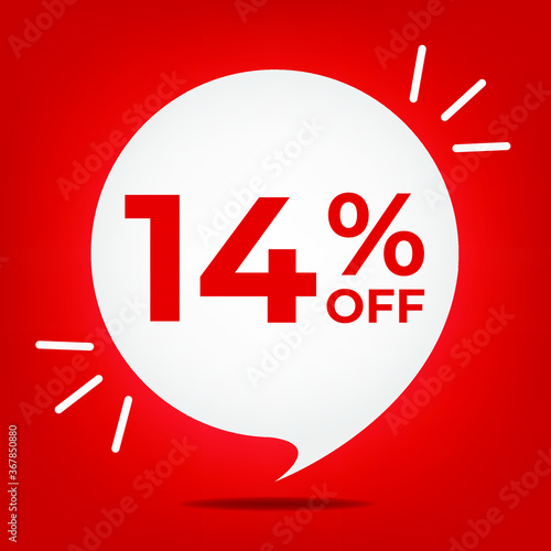 14% off. Banner with fourteen percent discount. White bubble on a red background vector.