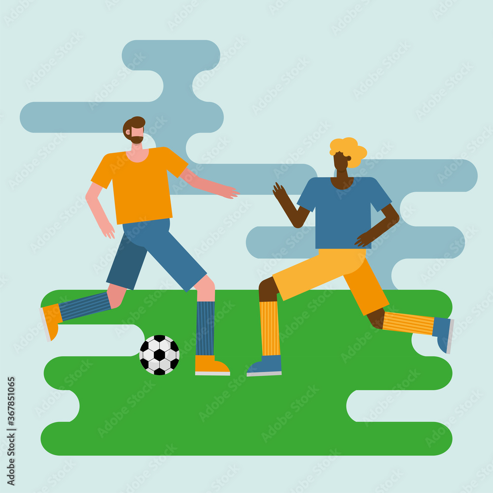 Fototapeta premium young men playing soccer practicing activity characters