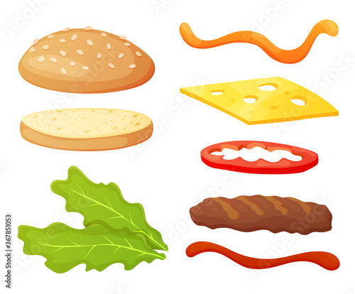 Burger ingredients diy collection. Set of isolated ingredients for build your own burger and sandwich. Sliced vegetables, sauces, bun and cutlet for burger. Vector burger maker