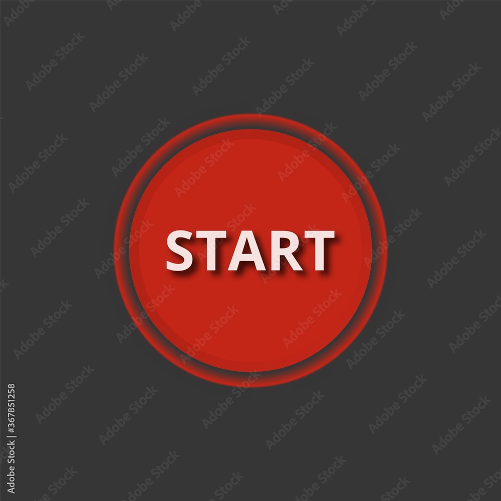 Start button icon. Red realistic button on dark background. Neumorphic design Start button icon. Red realistic button on dark background. Neumorphic design