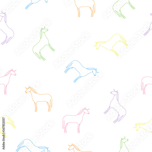 Unicorn seamless pattern white background. Colorful unicorns collection isolated on white. Fairy color line animals print vector illustration