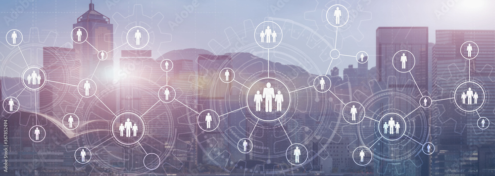 HR Recruitment Structure Global Outsourcing Social network communication concept. Modern City view panoramic website header banner double exposure.