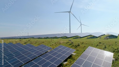 SLO MO AERIAL WS Sheep grazing in field with solar panels and wind turbines / Geldermalsen, Gelderland, Netherlands
