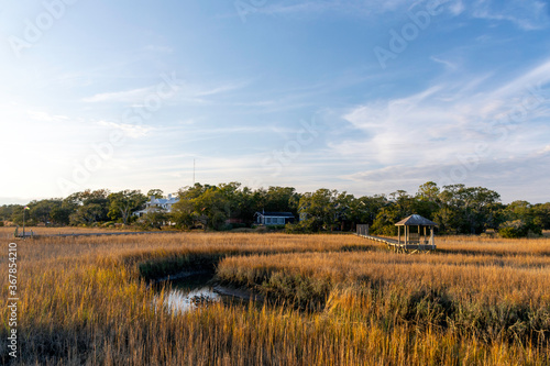 The salt marsh at Shem Creek near Charleston, South Carolina USA, a popular slow travel destination.