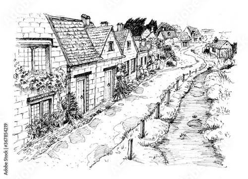 Old european village. English village. Ink sketch.
