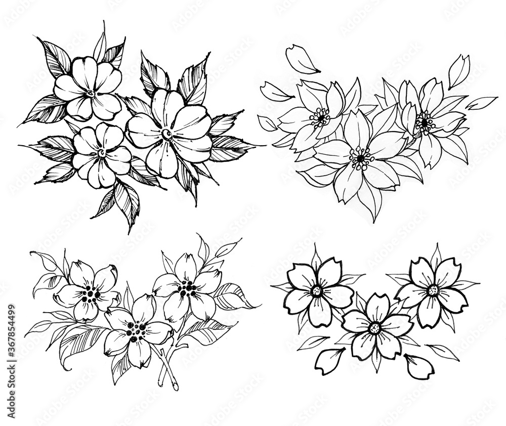Blooming flower tattoos. Collection of elegant tattoos. Branch of blooming  rose, plum, branch of sakura. Illustration for tattoo, t-shirt design.  Tattoo for thigh, back, small of back, ankle, shoulder Stock Illustration |