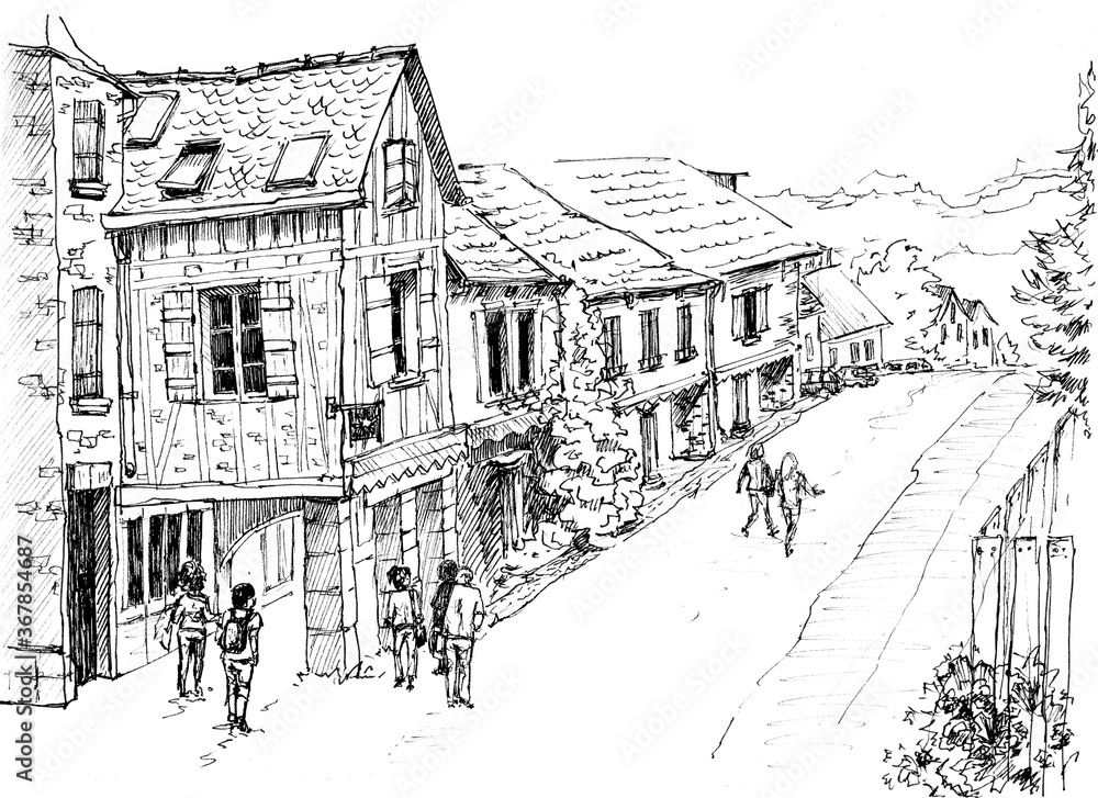 Old european village. French village. Najac France. Ink sketch. Rural landscape. Place of tourism
