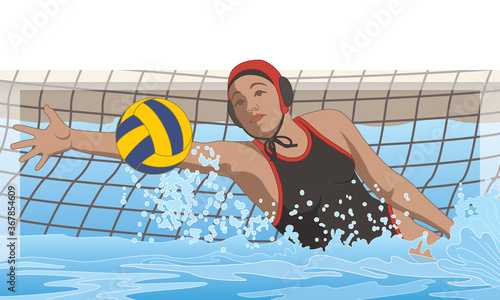 water polo female goalkeeper saving ball from net in swimming pool