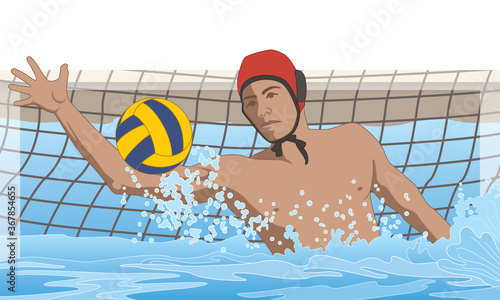 water polo male goalkeeper saving ball from net in swimming pool