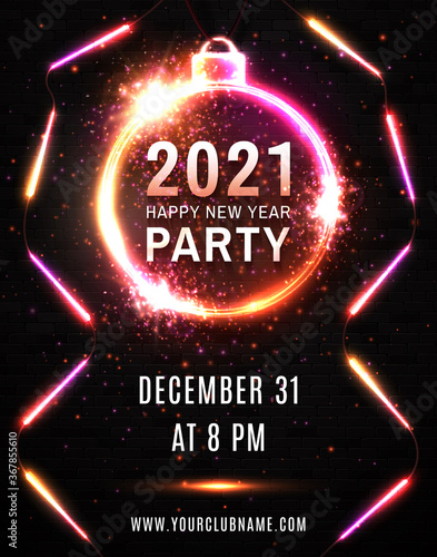 2021 Happy New Year Party neon poster. Led glowing lines on black brick background. Light design template for celebration event. Bright Christmas ball circle frame. Holiday festive vector illustration