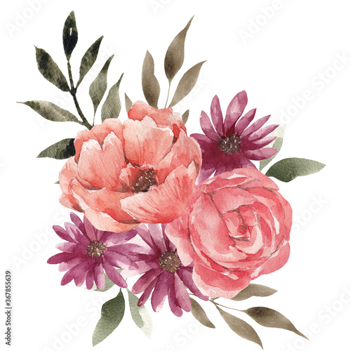 Watercolor bouquet with autumn flowers  leaves  branches  isolated on white background