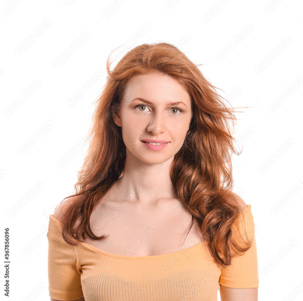 Beautiful young redhead woman on white background Beautiful young redhead woman on white background