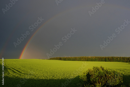 Rainbow in a green field against a dark stormy sky