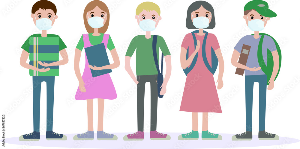 A group of five children wearing medical masks. For protection against viral diseases, environmental and air pollution. Illustration of flat vectors. Notion of social distance and health preservation A group of five children wearing medical masks. For protection against viral diseases, environmental and air pollution. Illustration of flat vectors. Notion of social distance and health preservation