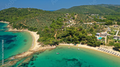 Aerial drone photo of paradise beaches of Banana and small Banana covered with pine trees in beautiful island of Skiathos, Sporades, Greece © aerial-drone