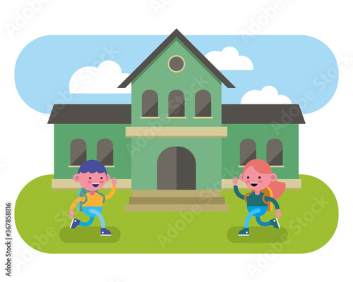 little students couple walking in the school comic characters