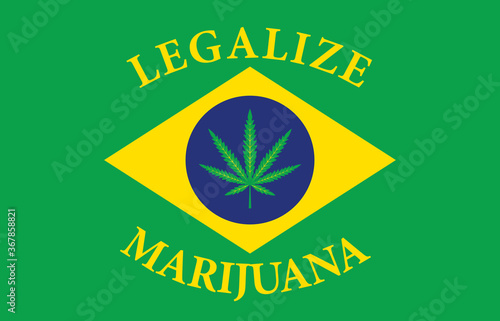 Banner in the form of the Brazilian flag with a hemp leaf. The concept of legalizing marijuana, cannabis in Brazil. Medical legalization of cannabis. Drug use. Smoking weed