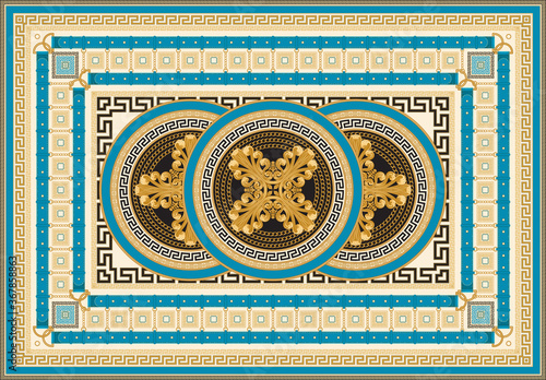 Carpet print from Fashionable Golden chains, jewelry, cables, ropes, blue belts and straps pattern on a beige background.Batik, Baroque ornament, meander border.15 pattern brushes in the brush palette
