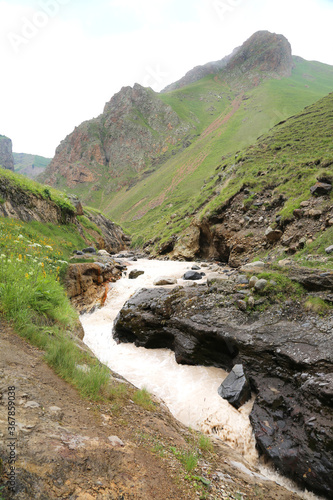 Beautiful mountain river in Caucasus mountains.
