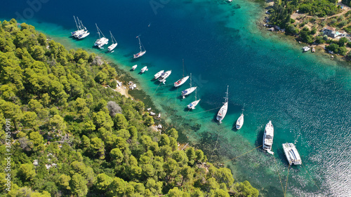Fototapeta Naklejka Na Ścianę i Meble -  Aerial drone photo of safe small fjord harbour of Mplo near bay of Panormos a popular yacht and sail boat anchorage with calm sea covered with pine trees, Skopelos island, Sporades, Greece