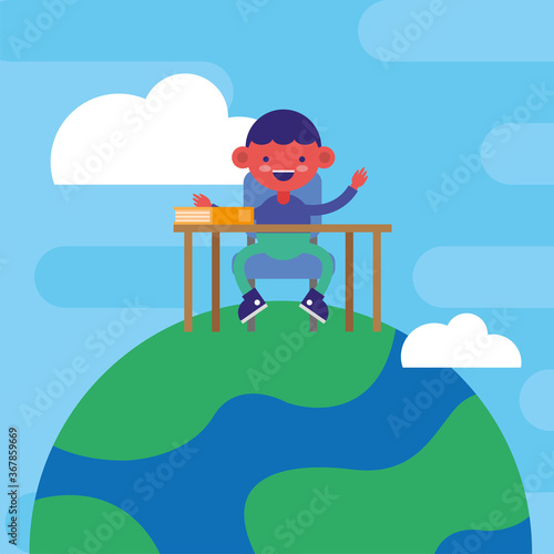 little student boy seated in desk on planet comic character