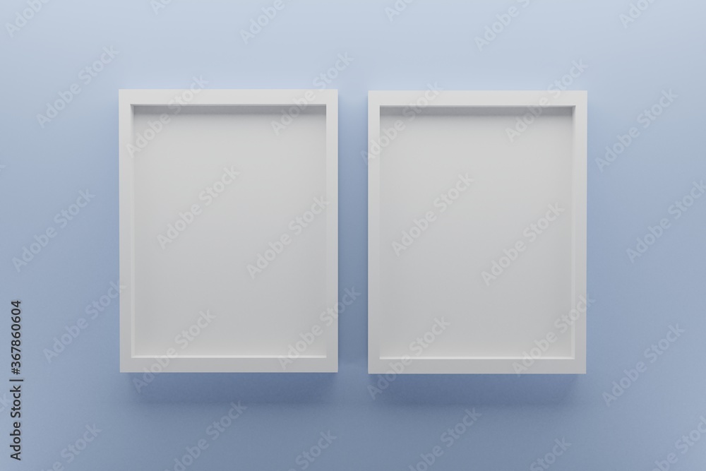 front view of two empty frames on light blue wall, minimal design concept, 3D render image front view of two empty frames on light blue wall, minimal design concept, 3D render image