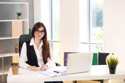 Young pretty brunette business woman with laptop in the office