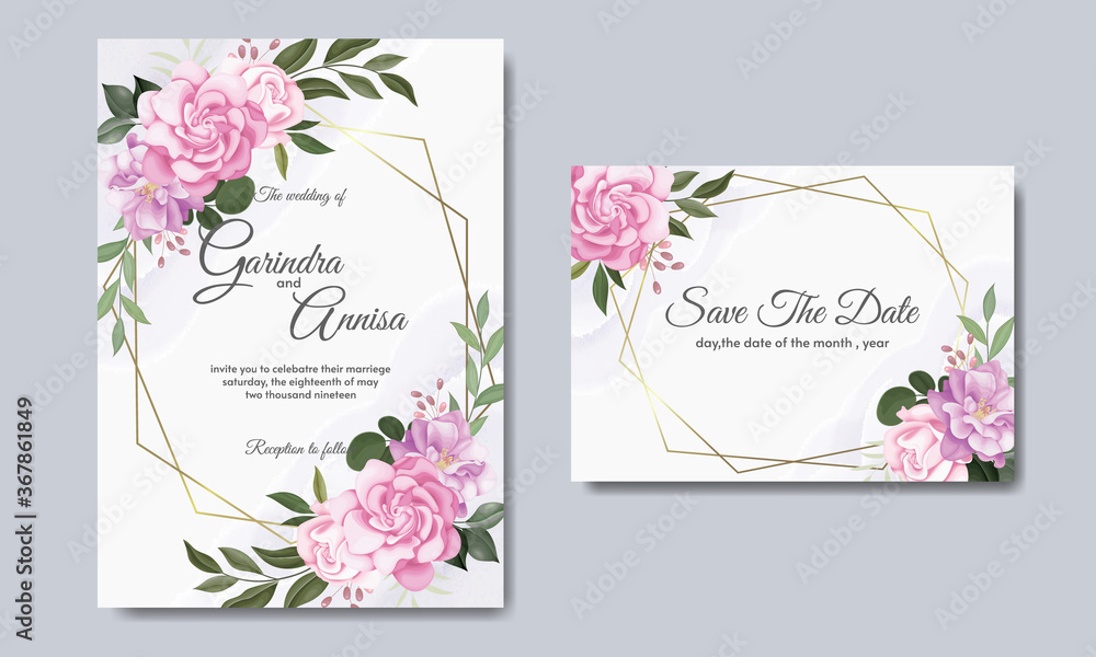 Naklejka Beautiful floral frame wedding invitation card template Premium Vector