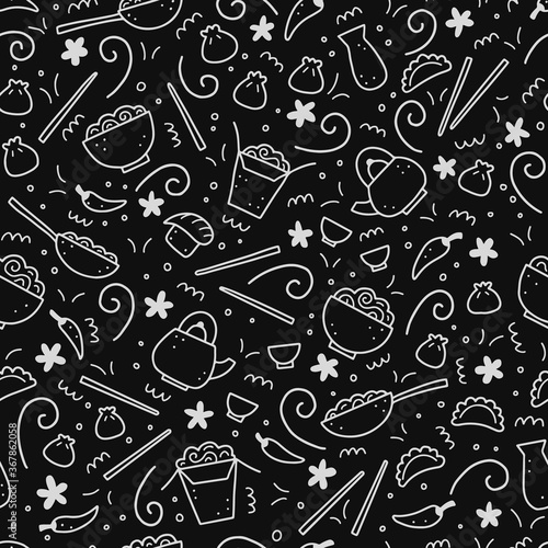 Hand drawn seamless pattern of Asian food elements, wok, ramen, noodle, soy. Doodle sketch style. Cuisine element drawn by digital pen. Vector illustration for menu, recipe, textile design.