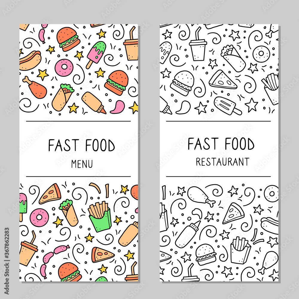 Hand drawn menu template of fast food elements, burger, pizza, sandwich, hamburger, snack. Doodle sketch style. Fast food element drawn by digital brush-pen. Vector illustration for menu, frame design