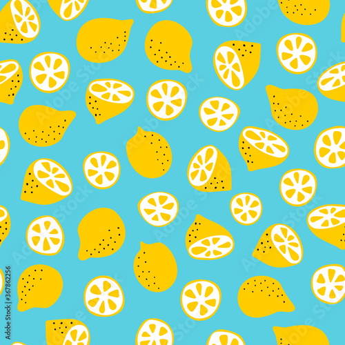Lemon seamless pattern. Whole lemons, halves, slices and leaves isolated on white background. Flat modern citrus print. Funny summer food graphic. Cute tropical texture for kitchen wallpaper.