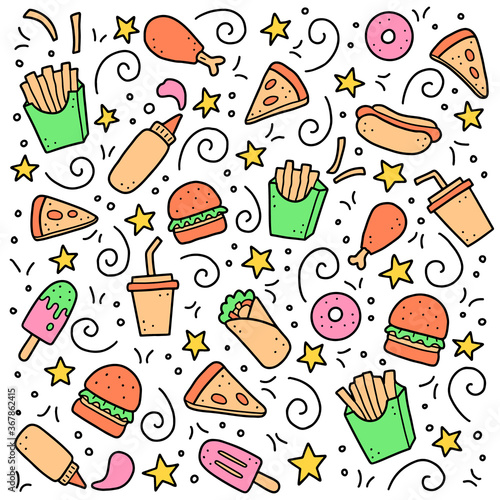 Hand drawn set of fast food elements, burger, pizza, sandwich, hamburger, snack. Comic doodle sketch style. Fast food element drawn by digital brush-pen. Vector illustration for icon, menu, frame