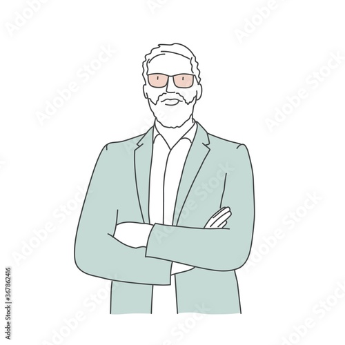 Standing man with arms crossed. Hand drawn vector illustration.