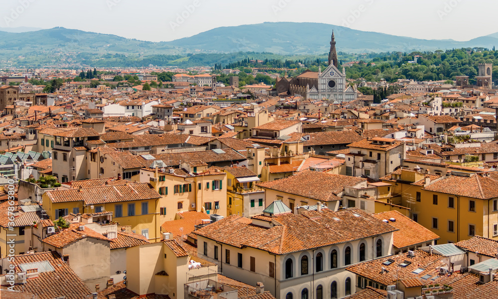 Florentine Rooftops & Skyline with Santa Croce Church in Florence, Italy