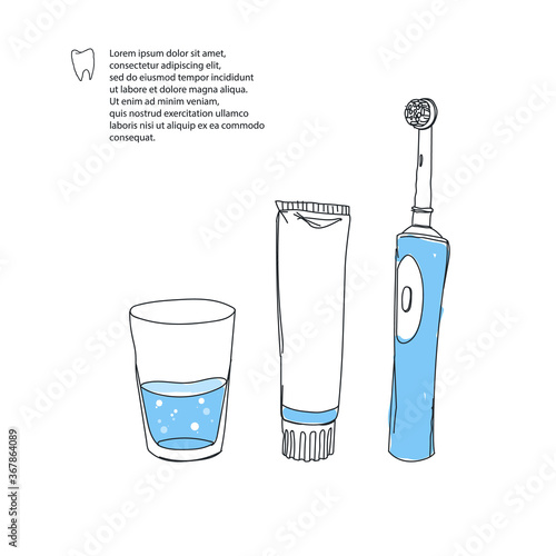Healthy teeth. Vector hand-drawn sketch. Electric toothbrush, toothpaste, a glass of water.