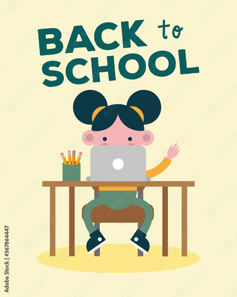 little student girl using laptop seated in school desk comic character little student girl using laptop seated in school desk comic character
