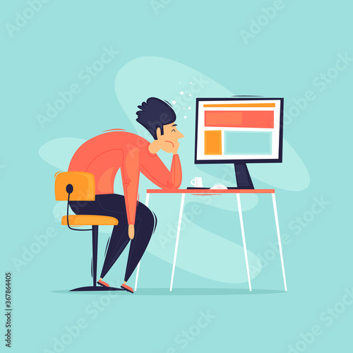 Burnout, tired office worker. Apathy, depression, a man lies on the desktop. Flat design vector illustration.