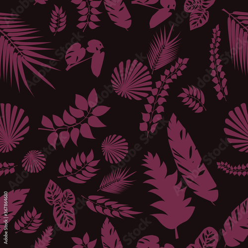  seamless pattern of leaves of exotic plants in red-dark colors