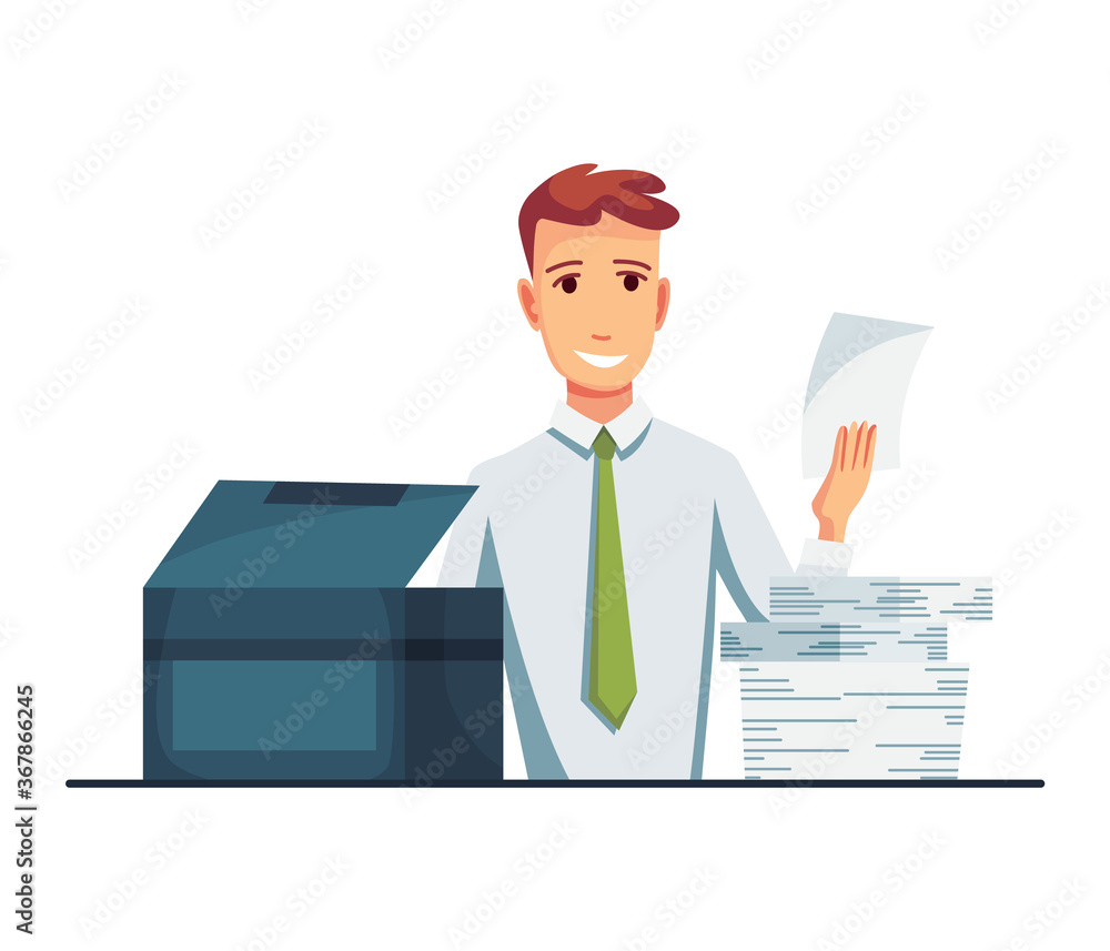 Office documents copier. Office worker prints documents on the copier. Man works on a photocopier. Concept of office work Office documents copier. Office worker prints documents on the copier. Man works on a photocopier. Concept of office work